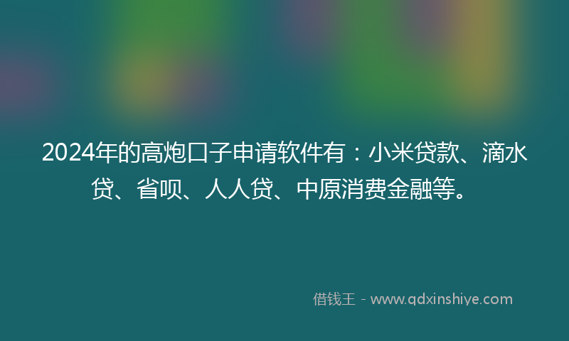 2024年的高炮口子申请软件有：小米贷款、滴水贷、省呗、人人贷、中原消费金融等。