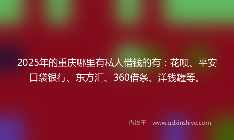 2025年的重庆哪里有私人借钱的有：花呗、平安口袋银行、东方汇、360借条、洋钱罐等。