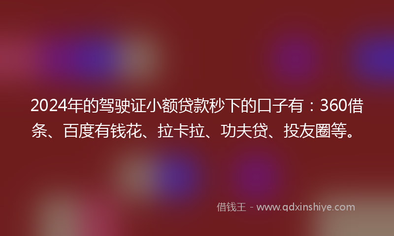 2024年的驾驶证小额贷款秒下的口子有：360借条、百度有钱花、拉卡拉、功夫贷、投友圈等。
