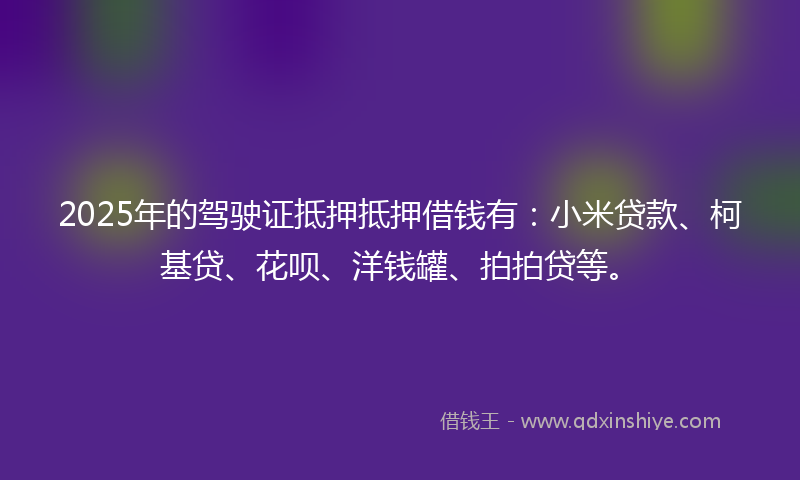 2025年的驾驶证抵押抵押借钱有：小米贷款、柯基贷、花呗、洋钱罐、拍拍贷等。