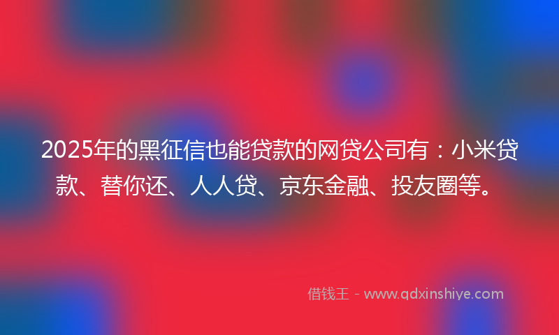 2025年的黑征信也能贷款的网贷公司有：小米贷款、替你还、人人贷、京东金融、投友圈等。