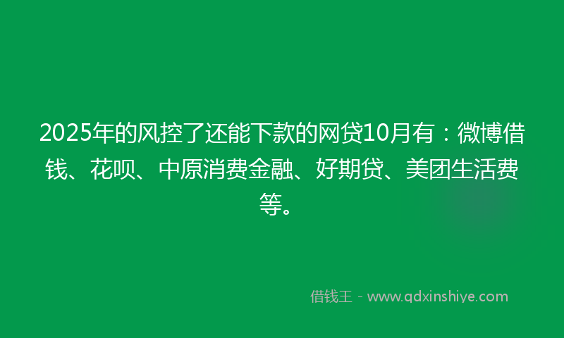 2025年的风控了还能下款的网贷10月有：微博借钱、花呗、中原消费金融、好期贷、美团生活费等。