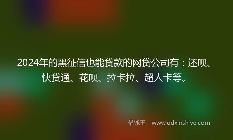 2024年的黑征信也能贷款的网贷公司有：还呗、快贷通、花呗、拉卡拉、超人卡等。
