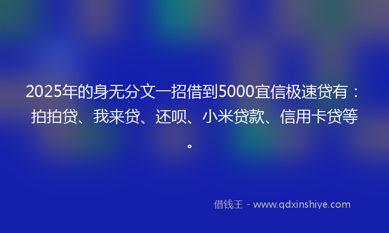 2025年的身无分文一招借到5000宜信极速贷有：拍拍贷、我来贷、还呗、小米贷款、信用卡贷等。