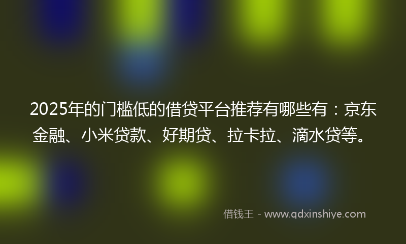 2025年的门槛低的借贷平台推荐有哪些有：京东金融、小米贷款、好期贷、拉卡拉、滴水贷等。
