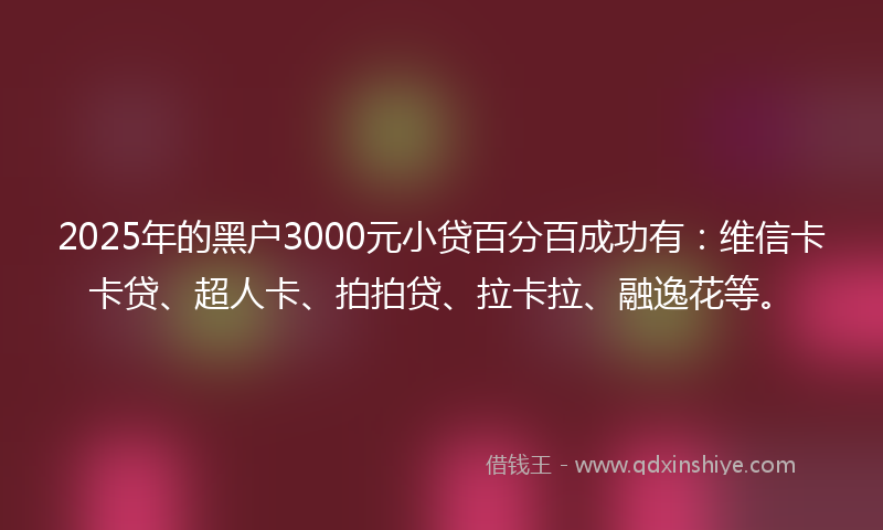2025年的黑户3000元小贷百分百成功有：维信卡卡贷、超人卡、拍拍贷、拉卡拉、融逸花等。