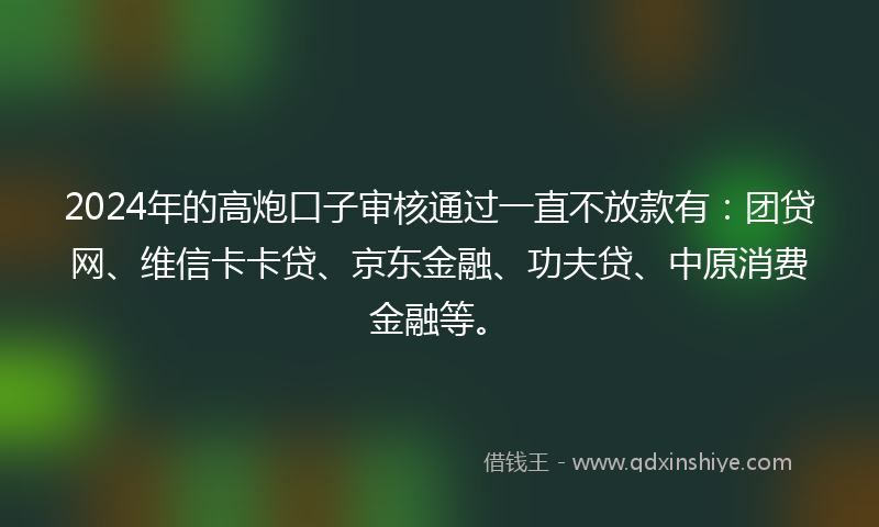 2024年的高炮口子审核通过一直不放款有：团贷网、维信卡卡贷、京东金融、功夫贷、中原消费金融等。