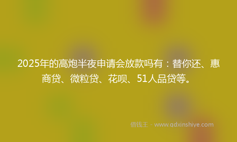 2025年的高炮半夜申请会放款吗有：替你还、惠商贷、微粒贷、花呗、51人品贷等。