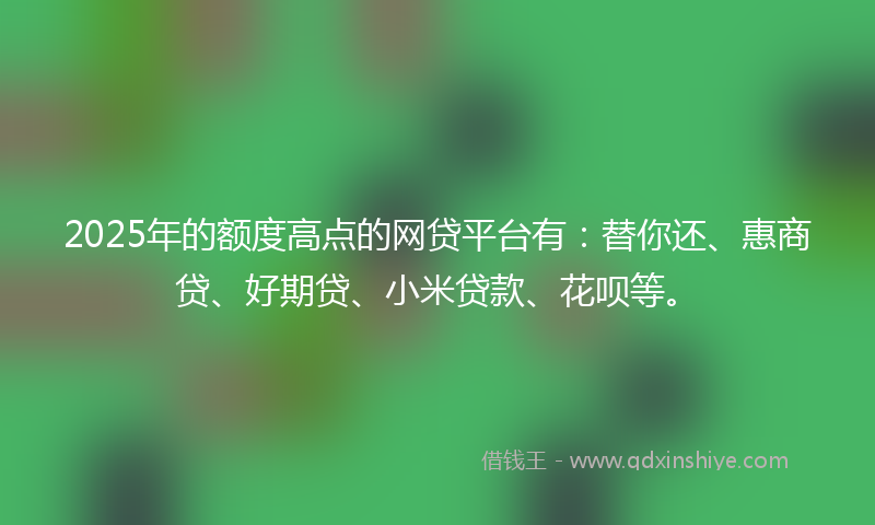 2025年的额度高点的网贷平台有：替你还、惠商贷、好期贷、小米贷款、花呗等。