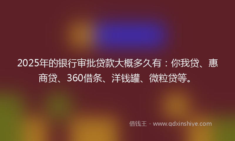 2025年的银行审批贷款大概多久有：你我贷、惠商贷、360借条、洋钱罐、微粒贷等。