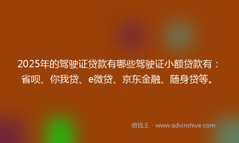 2025年的驾驶证贷款有哪些驾驶证小额贷款有：省呗、你我贷、e微贷、京东金融、随身贷等。