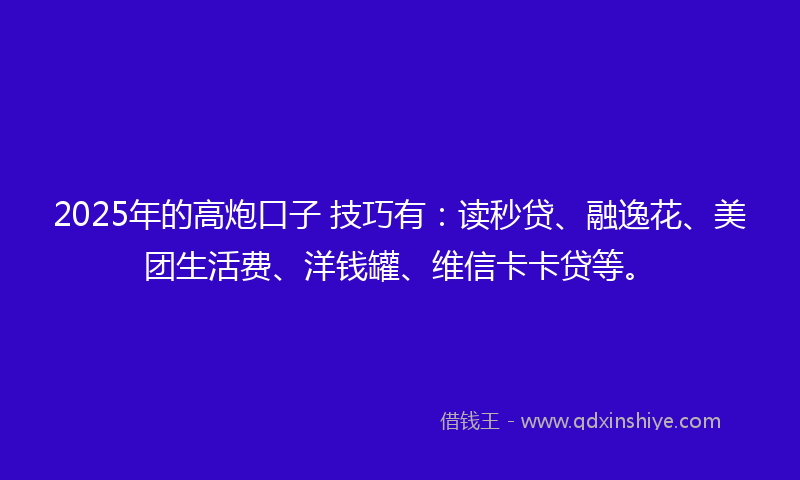2025年的高炮口子 技巧有：读秒贷、融逸花、美团生活费、洋钱罐、维信卡卡贷等。