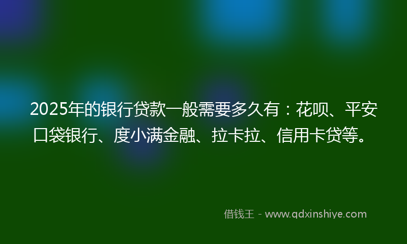 2025年的银行贷款一般需要多久有：花呗、平安口袋银行、度小满金融、拉卡拉、信用卡贷等。