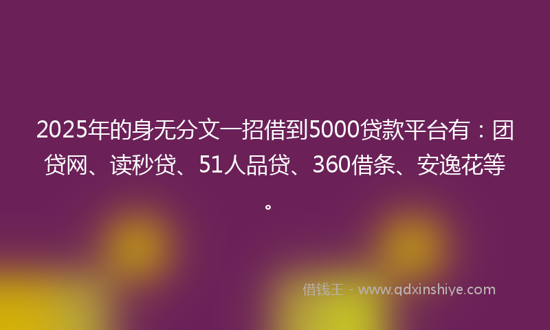 2025年的身无分文一招借到5000贷款平台有：团贷网、读秒贷、51人品贷、360借条、安逸花等。