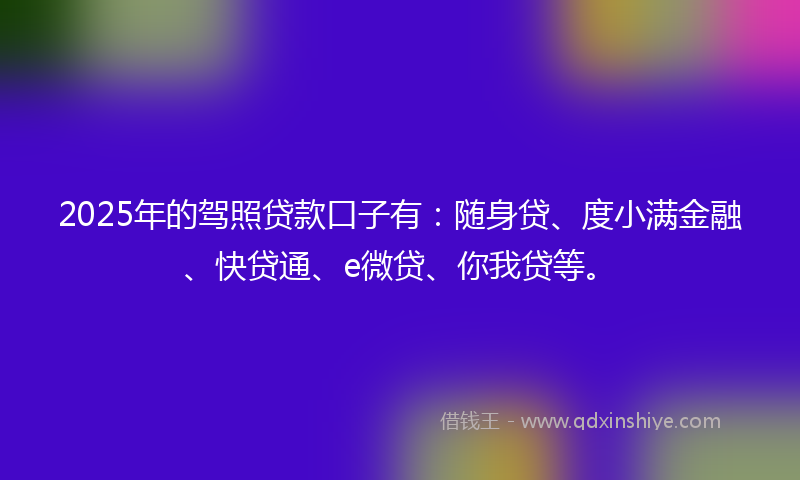 2025年的驾照贷款口子有：随身贷、度小满金融、快贷通、e微贷、你我贷等。