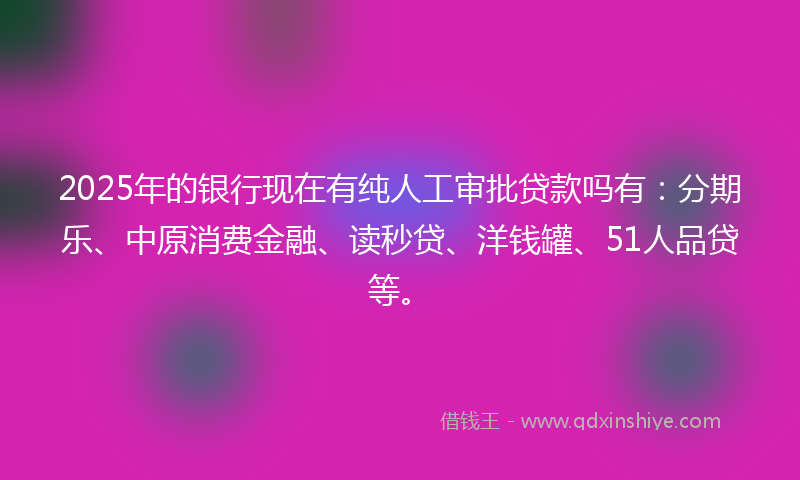 2025年的银行现在有纯人工审批贷款吗有：分期乐、中原消费金融、读秒贷、洋钱罐、51人品贷等。