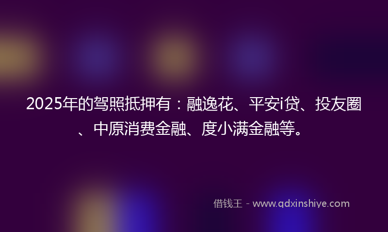2025年的驾照抵押有：融逸花、平安i贷、投友圈、中原消费金融、度小满金融等。