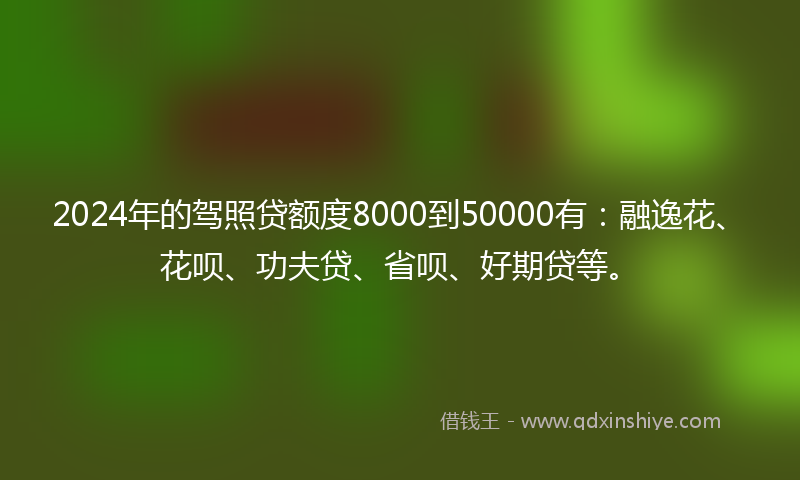 2024年的驾照贷额度8000到50000有：融逸花、花呗、功夫贷、省呗、好期贷等。