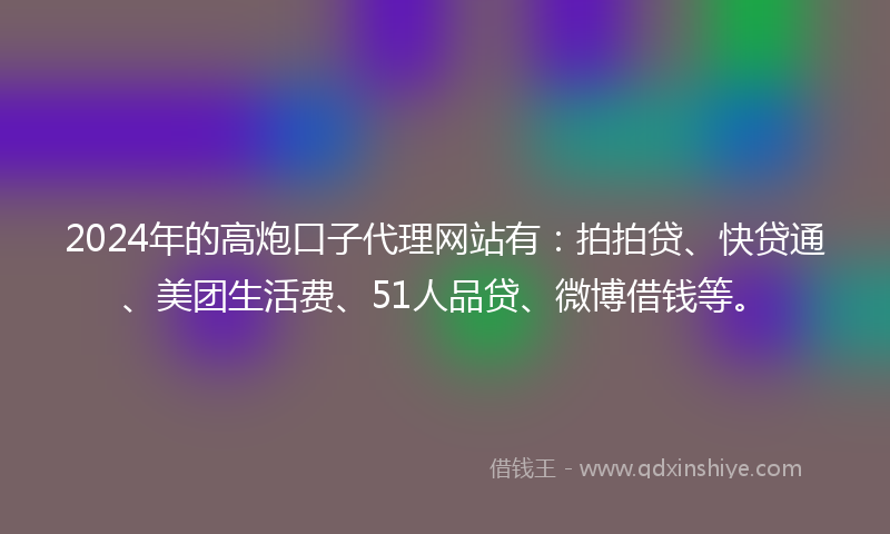 2024年的高炮口子代理网站有：拍拍贷、快贷通、美团生活费、51人品贷、微博借钱等。