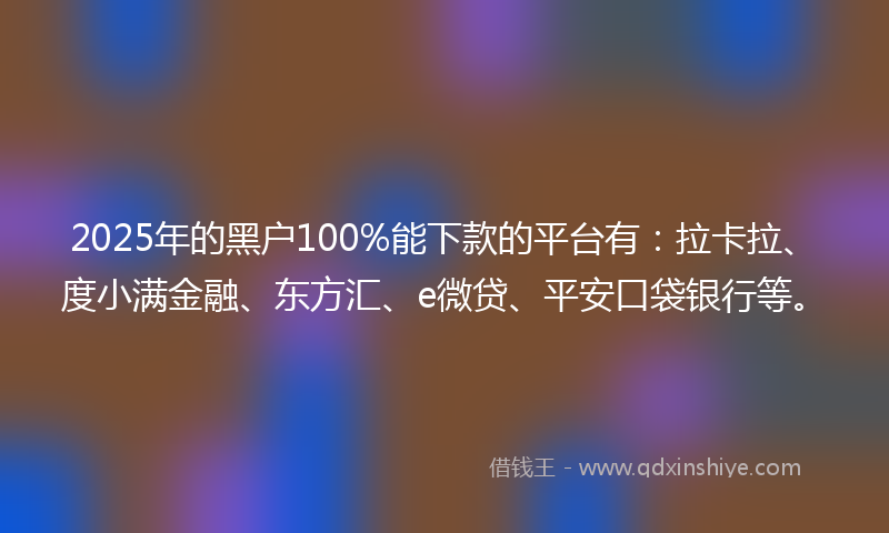 2025年的黑户100%能下款的平台有：拉卡拉、度小满金融、东方汇、e微贷、平安口袋银行等。