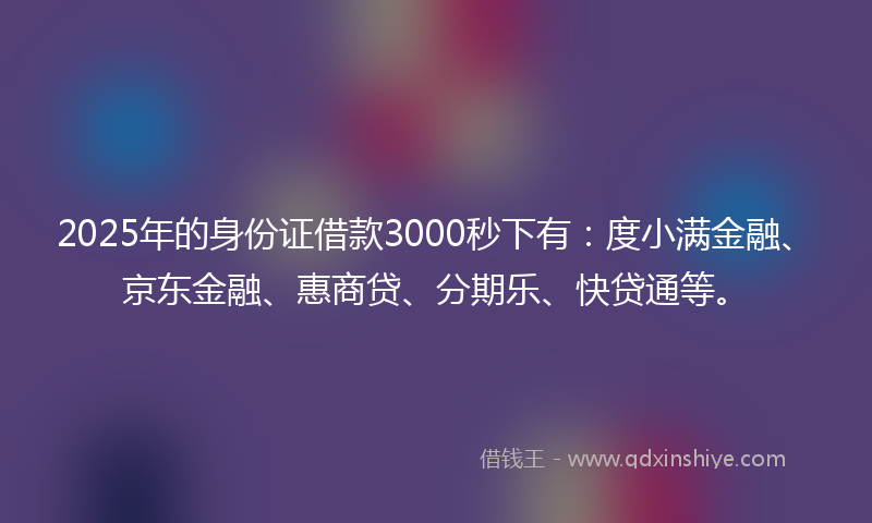 2025年的身份证借款3000秒下有：度小满金融、京东金融、惠商贷、分期乐、快贷通等。