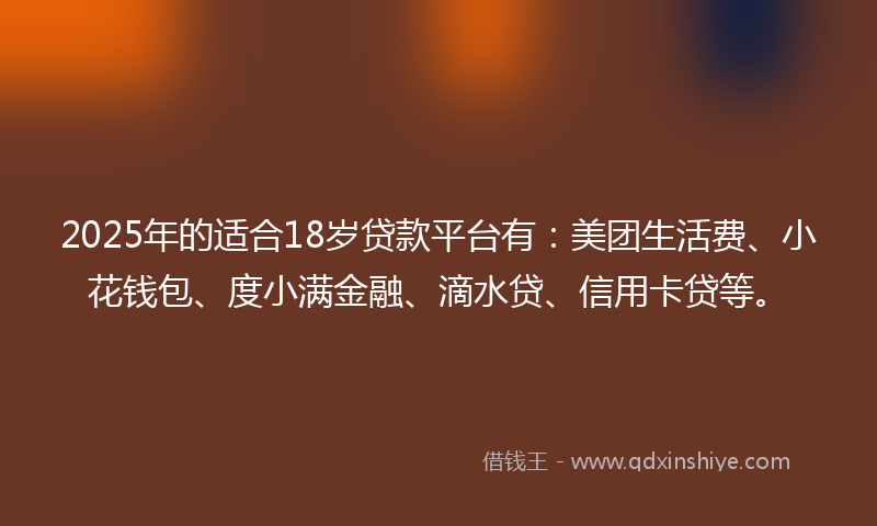 2025年的适合18岁贷款平台有：美团生活费、小花钱包、度小满金融、滴水贷、信用卡贷等。