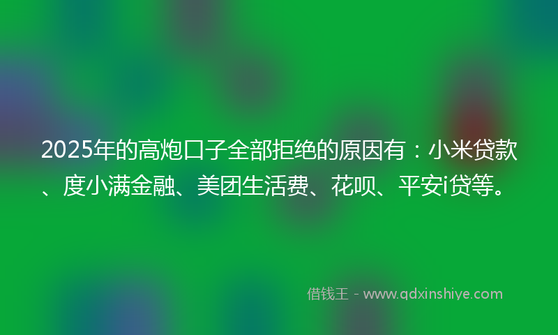 2025年的高炮口子全部拒绝的原因有：小米贷款、度小满金融、美团生活费、花呗、平安i贷等。