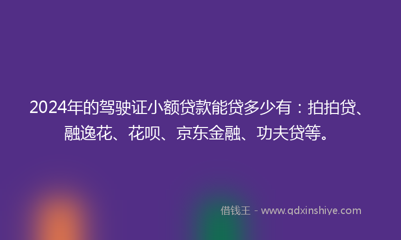 2024年的驾驶证小额贷款能贷多少有：拍拍贷、融逸花、花呗、京东金融、功夫贷等。