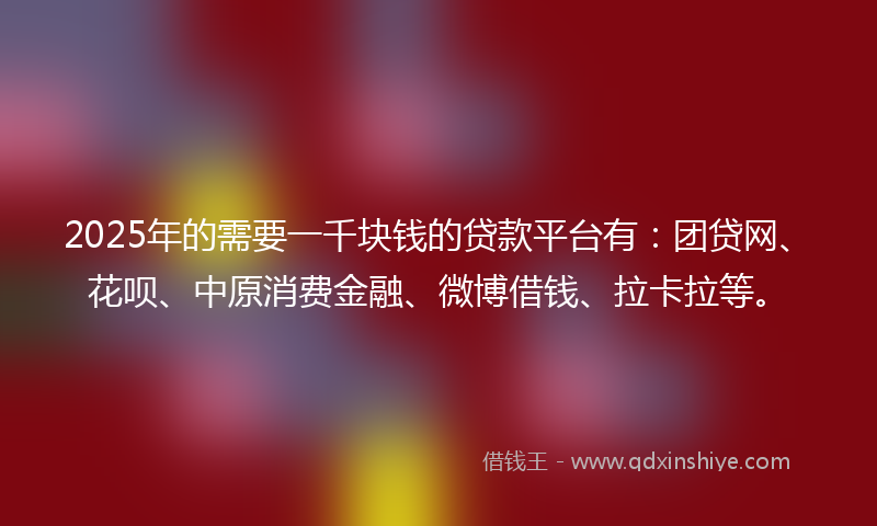 2025年的需要一千块钱的贷款平台有：团贷网、花呗、中原消费金融、微博借钱、拉卡拉等。