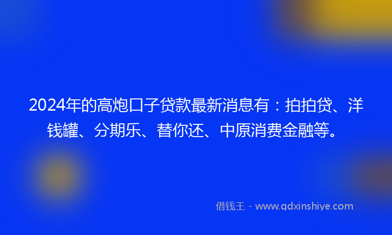 2024年的高炮口子贷款最新消息有：拍拍贷、洋钱罐、分期乐、替你还、中原消费金融等。