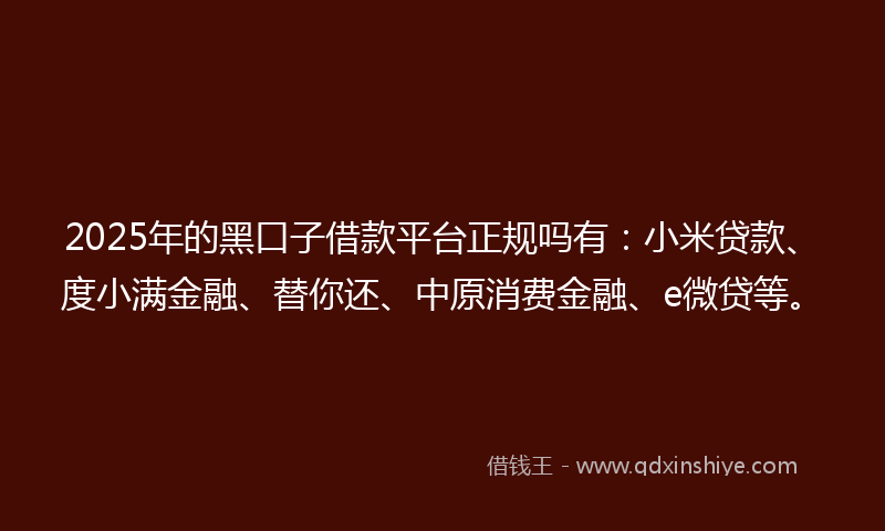 2025年的黑口子借款平台正规吗有：小米贷款、度小满金融、替你还、中原消费金融、e微贷等。