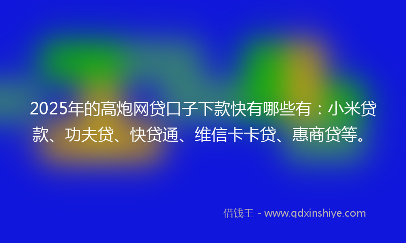 2025年的高炮网贷口子下款快有哪些有：小米贷款、功夫贷、快贷通、维信卡卡贷、惠商贷等。