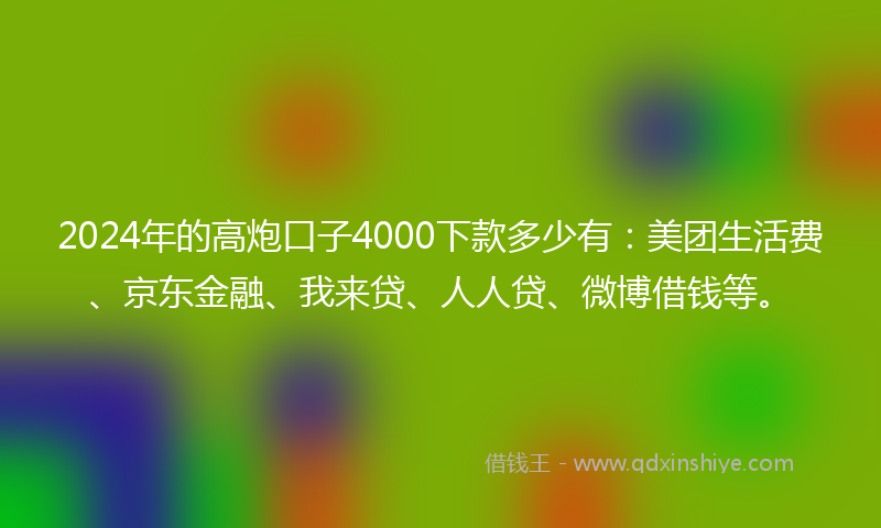 2024年的高炮口子4000下款多少有：美团生活费、京东金融、我来贷、人人贷、微博借钱等。