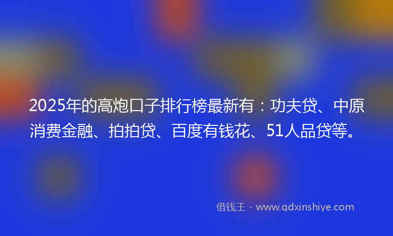 2025年的高炮口子排行榜最新有：功夫贷、中原消费金融、拍拍贷、百度有钱花、51人品贷等。