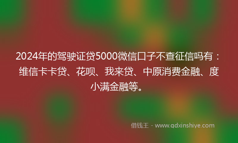 2024年的驾驶证贷5000微信口子不查征信吗有：维信卡卡贷、花呗、我来贷、中原消费金融、度小满金融等。