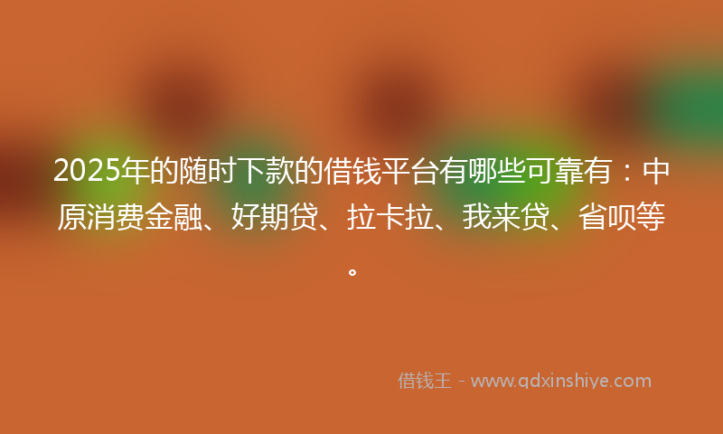 2025年的随时下款的借钱平台有哪些可靠有：中原消费金融、好期贷、拉卡拉、我来贷、省呗等。