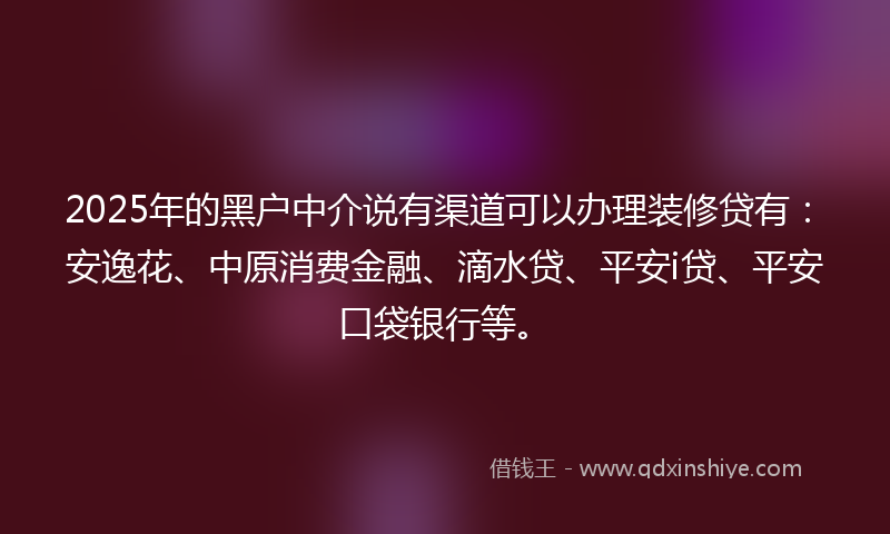 2025年的黑户中介说有渠道可以办理装修贷有：安逸花、中原消费金融、滴水贷、平安i贷、平安口袋银行等。
