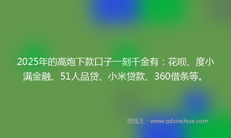 2025年的高炮下款口子一刻千金有：花呗、度小满金融、51人品贷、小米贷款、360借条等。