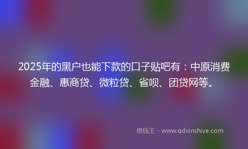 2025年的黑户也能下款的口子贴吧有：中原消费金融、惠商贷、微粒贷、省呗、团贷网等。