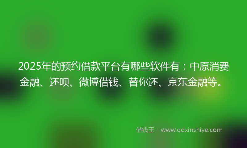 2025年的预约借款平台有哪些软件有：中原消费金融、还呗、微博借钱、替你还、京东金融等。