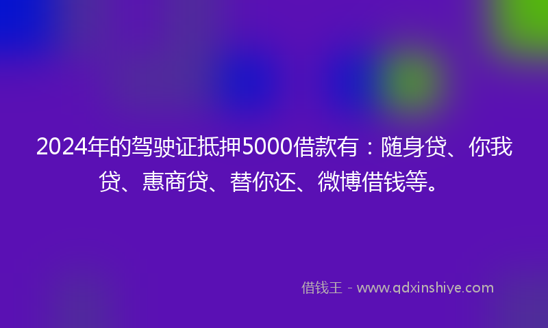 2024年的驾驶证抵押5000借款有：随身贷、你我贷、惠商贷、替你还、微博借钱等。