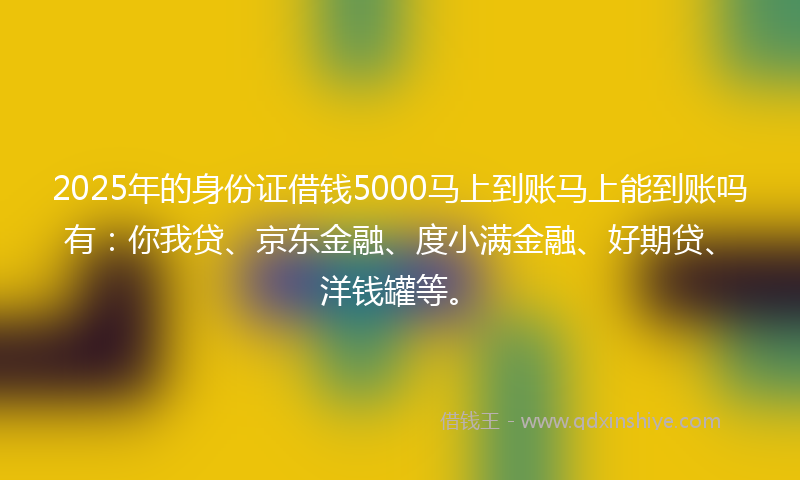 2025年的身份证借钱5000马上到账马上能到账吗有：你我贷、京东金融、度小满金融、好期贷、洋钱罐等。