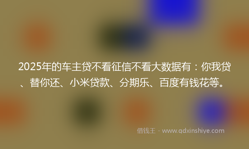 2025年的车主贷不看征信不看大数据有：你我贷、替你还、小米贷款、分期乐、百度有钱花等。