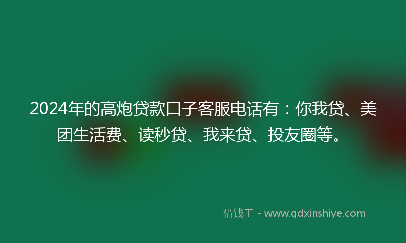 2024年的高炮贷款口子客服电话有：你我贷、美团生活费、读秒贷、我来贷、投友圈等。