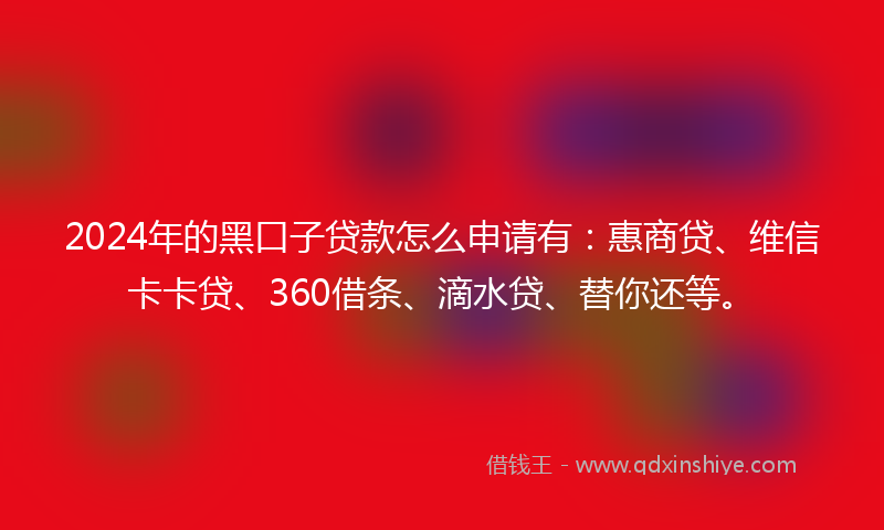 2024年的黑口子贷款怎么申请有：惠商贷、维信卡卡贷、360借条、滴水贷、替你还等。