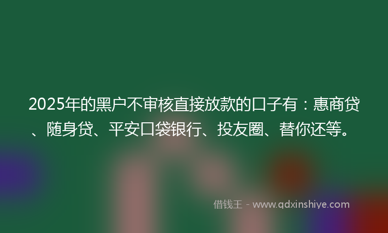2025年的黑户不审核直接放款的口子有：惠商贷、随身贷、平安口袋银行、投友圈、替你还等。