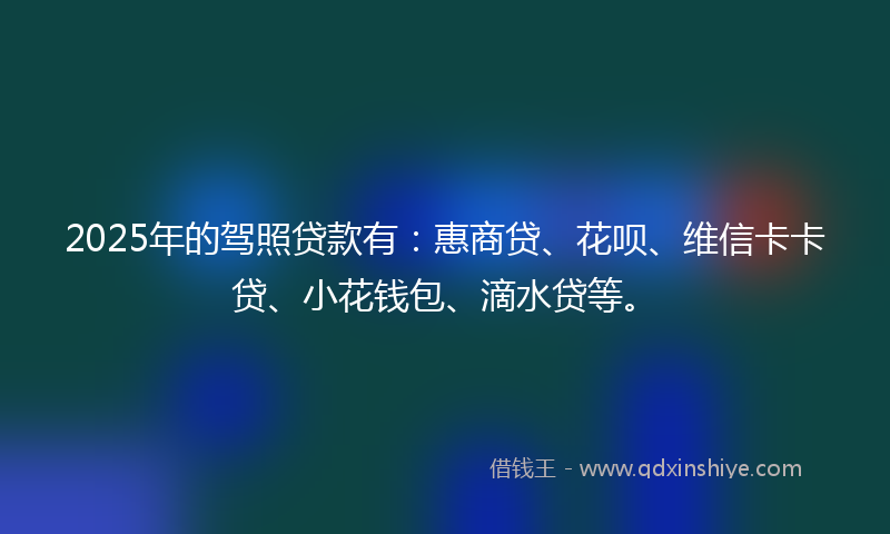 2025年的驾照贷款有：惠商贷、花呗、维信卡卡贷、小花钱包、滴水贷等。