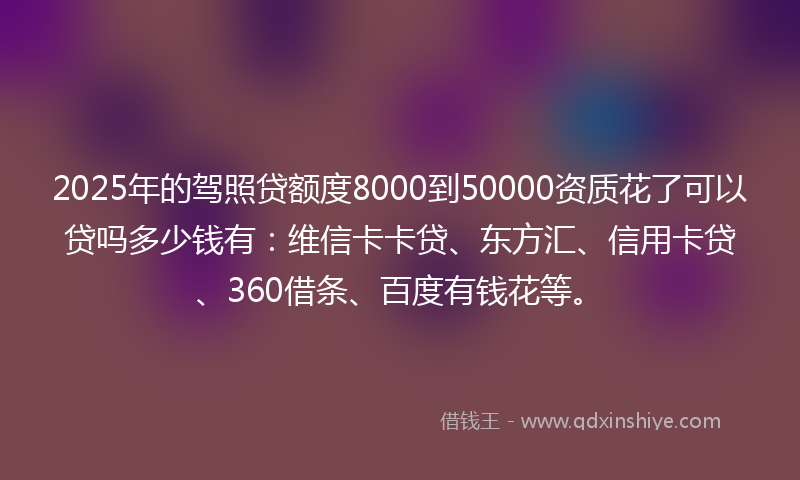 2025年的驾照贷额度8000到50000资质花了可以贷吗多少钱有：维信卡卡贷、东方汇、信用卡贷、360借条、百度有钱花等。