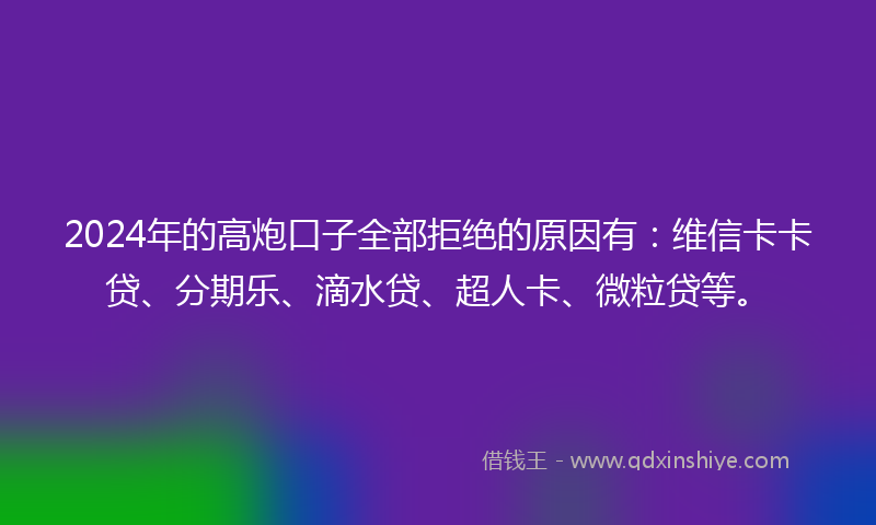2024年的高炮口子全部拒绝的原因有：维信卡卡贷、分期乐、滴水贷、超人卡、微粒贷等。