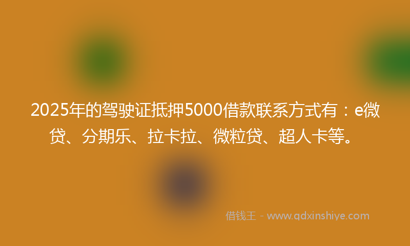 2025年的驾驶证抵押5000借款联系方式有：e微贷、分期乐、拉卡拉、微粒贷、超人卡等。